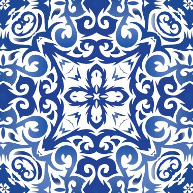 Portekiz azulejo 'sunda etnik seramik fayans. Vektörsüz desenli poster. Grafik tasarımı. Yüzey dokusu, havlu, yastık, duvar kağıdı, baskı, web arkaplanı için mavi vintage süs.