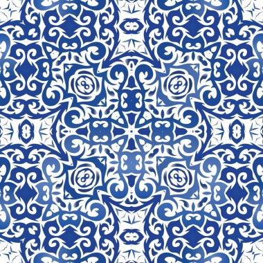 Antika Portekiz azulejo seramiği. Banyo tasarımı. Vektörsüz suluboya desenli. Koleksiyon defteri, akıllı telefon kılıfları, tişörtler, çantalar ve çarşaflar için mavi ve soyut bir dekor.