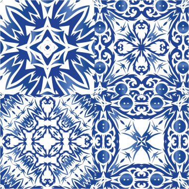 Portekiz azulejo 'sunda etnik seramik fayanslar. Renkli tasarım. Bir dizi vektörsüz şablon. Yüzey dokusu, havlu, yastık, duvar kağıdı, baskı, web arkaplanı için mavi klasik süsler.
