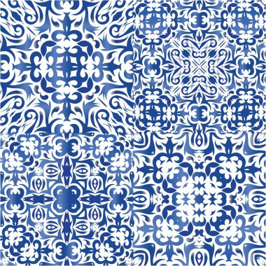 Antika Portekiz azulejo seramiği. Vektör aralıksız desenler. El yapımı tasarım. Koleksiyon defteri, akıllı telefon kılıfları, tişörtler, çantalar ve çarşaflar için mavi ve soyut bir dekor.