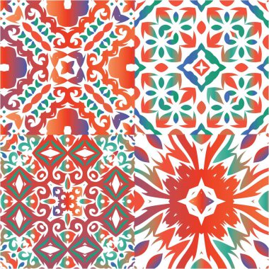 Antika talavera döşeme yama fabrikası. El yapımı tasarım. Vektörsüz desenlerin toplanması. Çantalar, akıllı telefon kılıfları, tişörtler, çarşaflar ve koleksiyon defterleri için kırmızı Meksika süslemeleri..