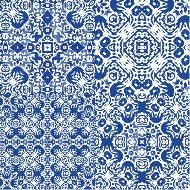 Portekiz azulejo 'sunda etnik seramik fayanslar. Vektörsüz desenlerin toplanması. Mutfak tasarımı. Yüzey dokusu, havlu, yastık, duvar kağıdı, baskı, web arkaplanı için mavi klasik süsler.