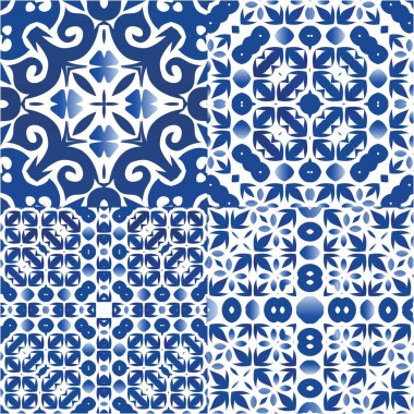 Süslü Azulejo Portekiz fayansları. Mutfak tasarımı. Vektör aralıksız desenler. Çarşaflar, akıllı telefon kılıfları, hatıra defterleri, çantalar ya da tişörtler için mavi muhteşem halk resimleri..