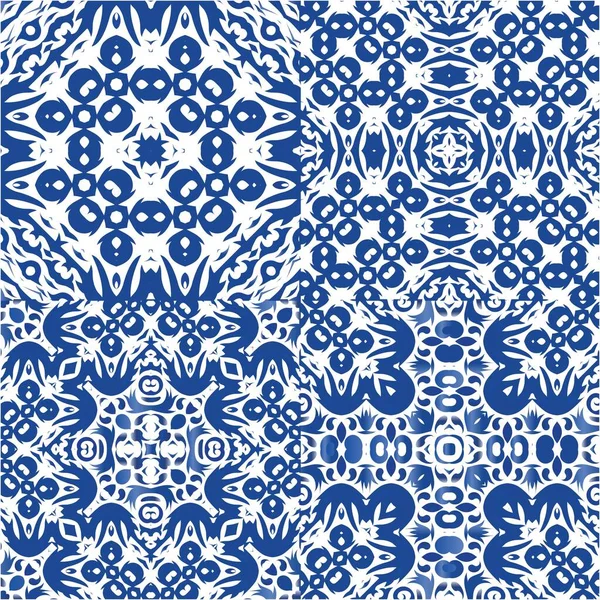 葡萄牙观赏性偶氮陶瓷材料 矢量无缝模式的集合 厨房的设计 用于墙纸 网状背景 印刷品 表面纹理 枕头的蓝色复古背景 — 图库矢量图片