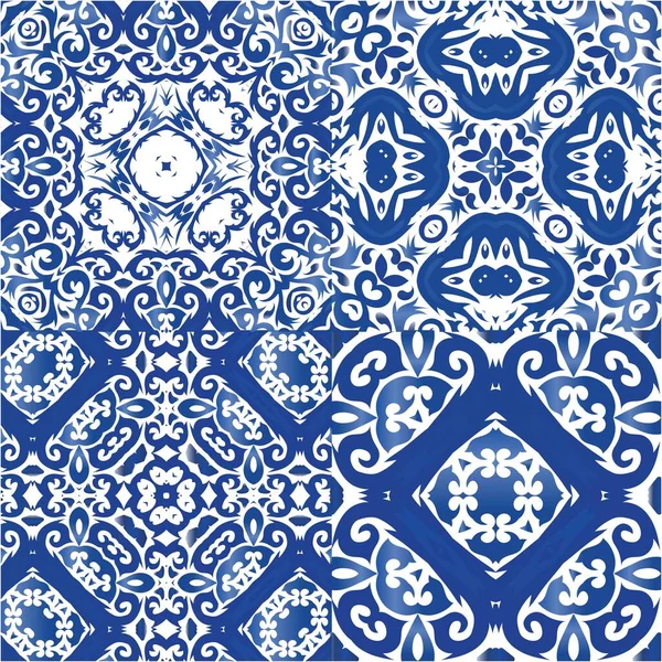 Traditionell Verzierte Portugiesische Azulejos Sammlung Vektornahtloser Muster Badezimmerdesign Blaue Abstrakte — Stockvektor