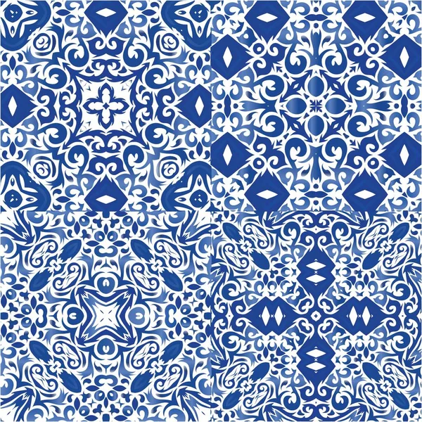 Carreaux Céramique Ethnique Azulejo Portugais Kit Motifs Vectoriels Sans Couture — Image vectorielle