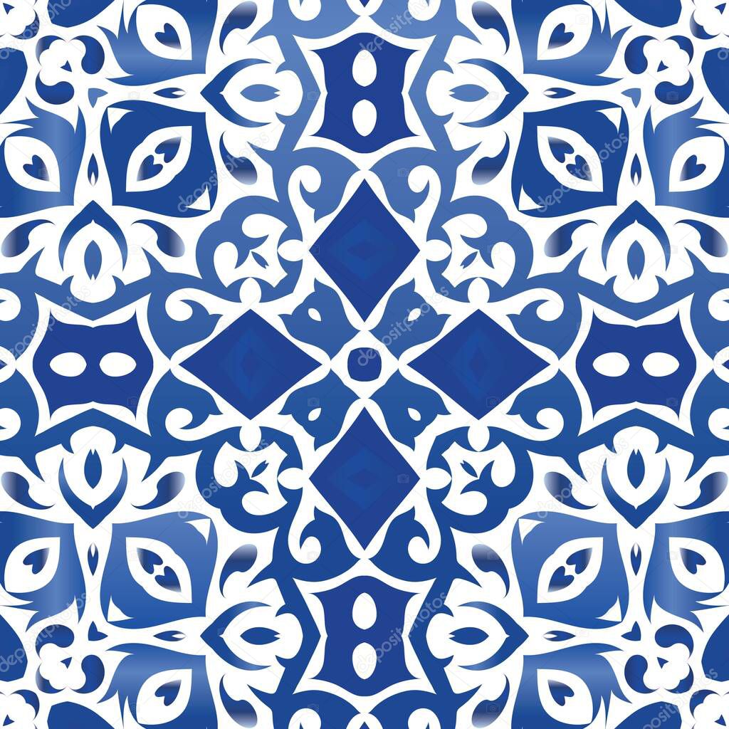 Antique portuguese azulejo ceramic. Graphic design. Vector seamless pattern poster. Blue floral and abstract decor for scrapbooking, smartphone cases, T-shirts, bags or linens.