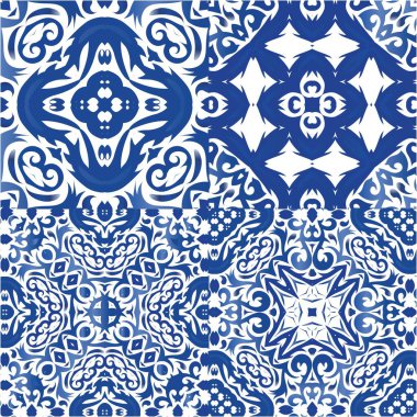 Portekizce süslemeli azulejo seramik. Bir dizi vektörsüz şablon. Modern tasarım. Duvar kağıdı, web arkaplanı, havlular, baskı, yüzey dokusu, yastıklar için mavi vintage arkaplan.