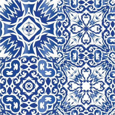 Portekiz azulejo 'sunda etnik seramik fayanslar. Bir dizi vektörsüz şablon. Modern tasarım. Yüzey dokusu, havlu, yastık, duvar kağıdı, baskı, web arkaplanı için mavi klasik süsler.