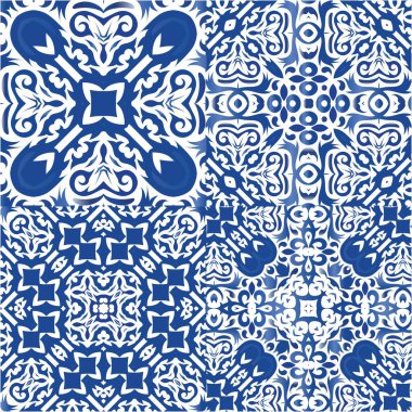 Süslü Azulejo Portekiz fayansları. Vektörsüz desenlerin toplanması. Minimum tasarım. Çarşaflar, akıllı telefon kılıfları, hatıra defterleri, çantalar ya da tişörtler için mavi muhteşem halk resimleri..