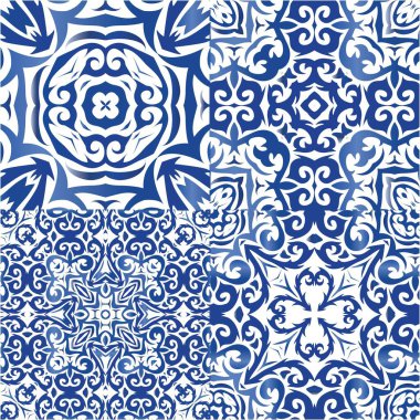 Portekiz azulejo 'sunda etnik seramik fayanslar. Renkli tasarım. Vektör aralıksız desenler. Yüzey dokusu, havlu, yastık, duvar kağıdı, baskı, web arkaplanı için mavi klasik süsler.