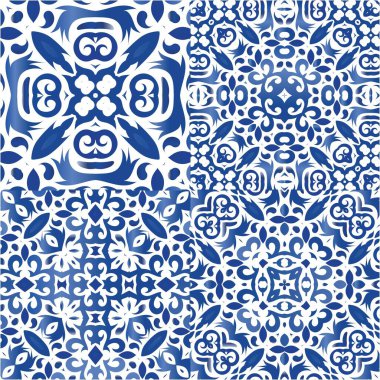 Antika Portekiz azulejo seramiği. Şık tasarım. Vektör aralıksız desenler. Koleksiyon defteri, akıllı telefon kılıfları, tişörtler, çantalar ve çarşaflar için mavi ve soyut bir dekor.