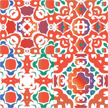 Geleneksel süslü Meksika Talavera 'sı. Moda tasarımı. Bir dizi vektörsüz şablon. Ağ arkaplanı, baskı, yastıklar, yüzey dokusu, duvar kağıdı, havlular için kırmızı soyut arkaplan.