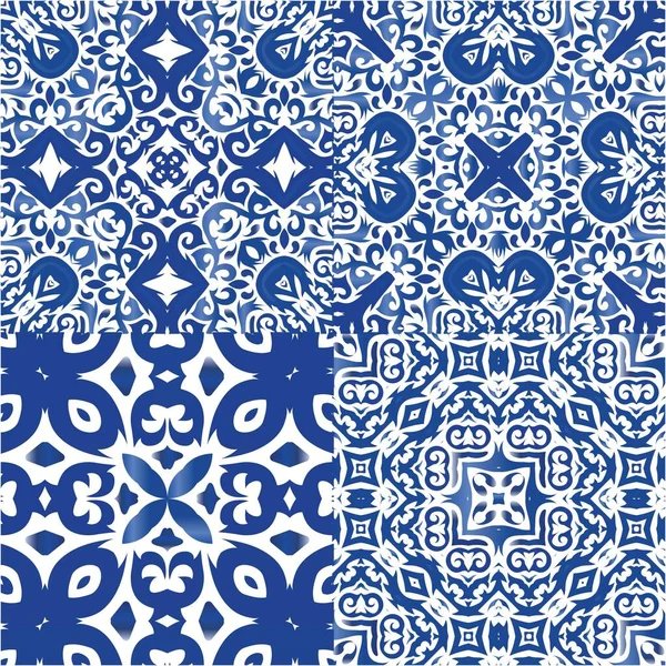 Ethnic Ceramic Tiles Portuguese Azulejo Graphic Design Collection Vector Seamless — Stock Vector