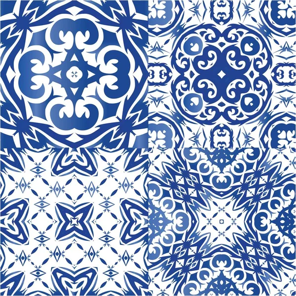 Antique Azulejo Tiles Patchworks Graphic Design Collection Vector Seamless Patterns — Stock Vector
