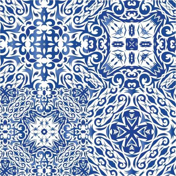 Antique Portuguese Azulejo Ceramic Original Design Kit Vector Seamless Patterns — Stock Vector