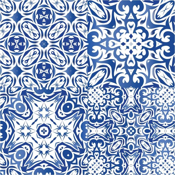 Portekizce süslemeli azulejo seramik. Vektörsüz desenlerin toplanması. Moda tasarımı. Duvar kağıdı, web arkaplanı, havlular, baskı, yüzey dokusu, yastıklar için mavi vintage arkaplan.