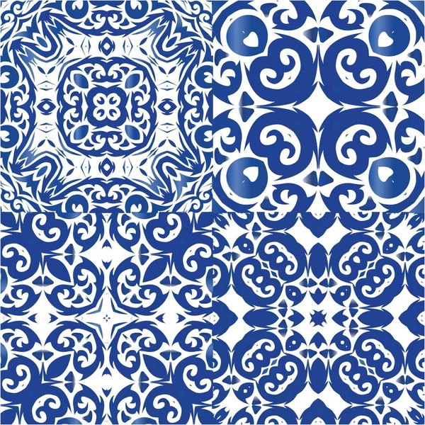 Portugiesische Azulejo Fliesen Küchendesign Eine Reihe Von Vektor Mustern Blaue — Stockvektor