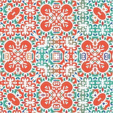 Dekoratif renk talavera fayansları. Geometrik tasarım. Vektör kusursuz desen çizimi. Baskı, web arkaplanı, yüzey dokusu, havlu, yastık, duvar kağıdı için kırmızı halk etnik süsü.