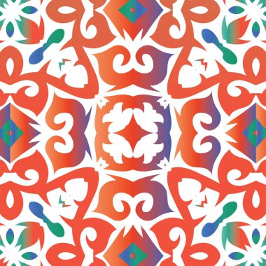 Geleneksel süslü Meksika Talavera 'sı. Vektörsüz desen dokusu. Modern tasarım. Web arkaplanı, baskı, yastıklar, yüzey dokusu, duvar kağıdı, havlular için kırmızı soyut arkaplan.