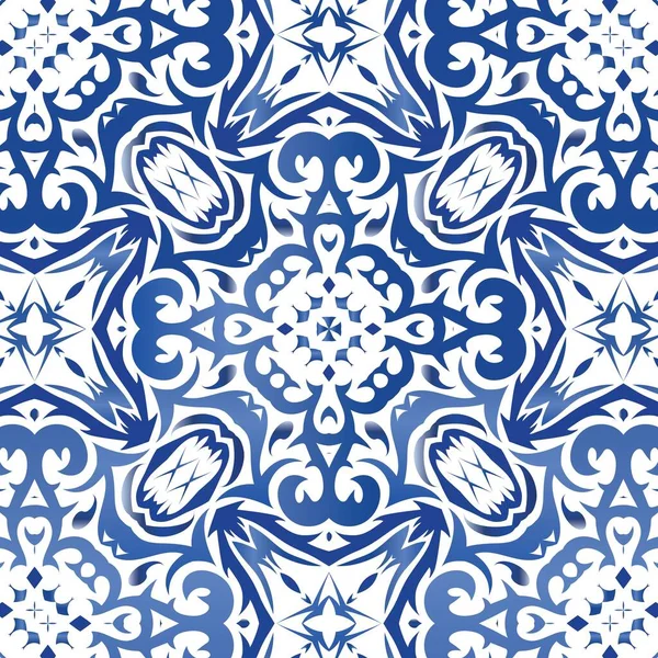 Керамическая Плитка Azulejo Португальский Векторный Бесшовный Паттерн Геометрический Дизайн Синий — стоковый вектор