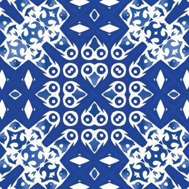 Portekiz yapımı Azulejo fayansları. Vektör desensiz kolaj. Renkli tasarım. Yastıklar, baskılar, duvar kağıtları, ağ arkaplanı, havlular, yüzey dokusu için mavi antika arkaplan.