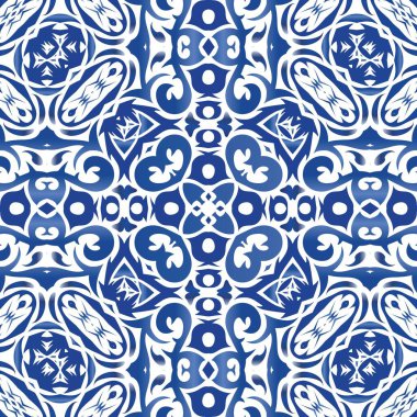 Portekiz azulejo 'sunda etnik seramik fayans. Yaratıcı tasarım. Vektörsüz model kavramı. Yüzey dokusu, havlu, yastık, duvar kağıdı, baskı, web arkaplanı için mavi vintage süs.