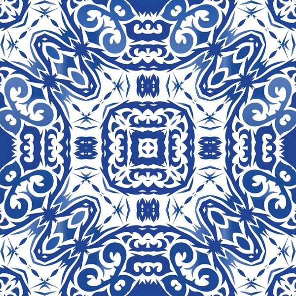 Antike Portugiesische Azulejo Keramik Vektornahtloser Musterrahmen Badezimmerdesign Blaues Florales Und — Stockvektor