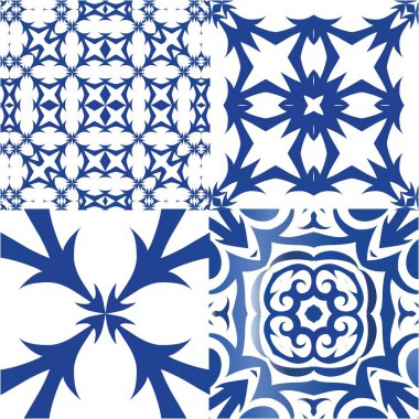 Dekoratif renk seramik azulejo fayansları. Geometrik tasarım. Vektör aralıksız desenler. Baskı, web arkaplanı, yüzey dokusu, havlu, yastık, duvar kağıdı için mavi folklor süslemeleri.