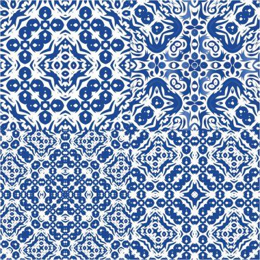 Dekoratif renk seramik azulejo fayansları. Moda tasarımı. Bir dizi vektörsüz şablon. Baskı, web arkaplanı, yüzey dokusu, havlu, yastık, duvar kağıdı için mavi folklor süslemeleri.