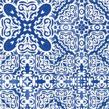 Antika azulejo döşeme yaması. Vektör aralıksız desenler. Moda tasarımı. Çantalar, akıllı telefon kılıfları, tişörtler, çarşaflar veya koleksiyon defterleri için mavi İspanya ve Portekiz dekoru.