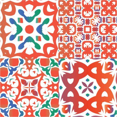 Meksika yapımı talavera fayansları. Vektörsüz desenlerin toplanması. Banyo tasarımı. Yastıklar, baskılar, duvar kağıtları, ağ arkaplanı, havlular, yüzey dokusu için kırmızı antika arkaplanlar.