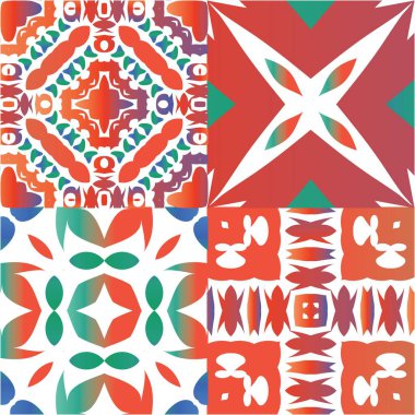 Antika talavera döşeme yama fabrikası. Minimum tasarım. Vektörsüz desenlerin toplanması. Çantalar, akıllı telefon kılıfları, tişörtler, çarşaflar ve koleksiyon defterleri için kırmızı Meksika süslemeleri..