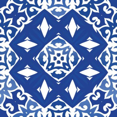 Seramik fayanslar azulejo portugal. Kusursuz bir arabesk deseni. Modern tasarım. Tişört, hatıra defteri, çarşaf, akıllı telefon çantası veya çantalar için mavi etnik geçmiş.