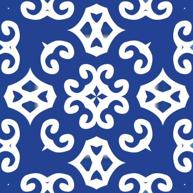 Portekiz azulejo 'sunda etnik seramik fayans. El yapımı tasarım. Vektörsüz suluboya desenli. Yüzey dokusu, havlu, yastık, duvar kağıdı, baskı, web arkaplanı için mavi vintage süs.