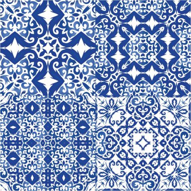 Portekizce süslemeli azulejo seramik. Şık tasarım. Vektörsüz desenlerin toplanması. Duvar kağıdı, web arkaplanı, havlular, baskı, yüzey dokusu, yastıklar için mavi vintage arkaplan.