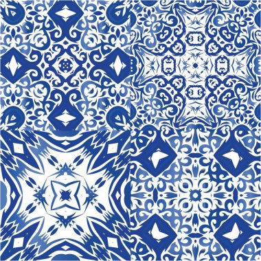 Süslü Azulejo Portekiz fayansları. El yapımı tasarım. Vektörsüz desenlerin toplanması. Çarşaflar, akıllı telefon kılıfları, hatıra defterleri, çantalar ya da tişörtler için mavi muhteşem halk resimleri..
