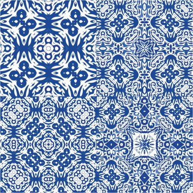 Geleneksel Portekizli azulejolar. Banyo tasarımı. Vektör aralıksız desenler. Ağ arkaplanı, baskı, yastıklar, yüzey dokusu, duvar kağıdı, havlular için mavi soyut arkaplan.