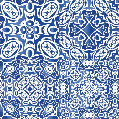 Antika azulejo döşeme yaması. Vektör aralıksız desenler. Orijinal tasarım Çantalar, akıllı telefon kılıfları, tişörtler, çarşaflar veya koleksiyon defterleri için mavi İspanya ve Portekiz dekoru.