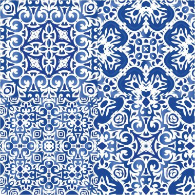 Antika Portekiz azulejo seramiği. Vektörsüz desenlerin toplanması. Grafik tasarımı. Koleksiyon defteri, akıllı telefon kılıfları, tişörtler, çantalar ve çarşaflar için mavi ve soyut bir dekor.