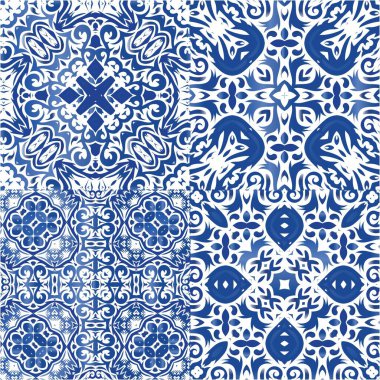 Portekiz yapımı Azulejo fayansları. Vektörsüz desenlerin toplanması. Şık tasarım. Yastıklar, baskılar, duvar kağıtları, ağ arkaplanı, havlular, yüzey dokusu için mavi antika arkaplan.