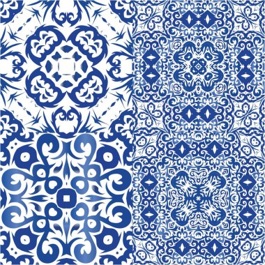 Antika azulejo döşeme yaması. Bir dizi vektörsüz şablon. Modern tasarım. Çantalar, akıllı telefon kılıfları, tişörtler, çarşaflar veya koleksiyon defterleri için mavi İspanya ve Portekiz dekoru.