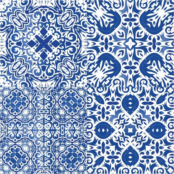 Portugalski Vintage Azulejo Płytki Zbiór Bezszwowych Wzorów Wektorowych Stylowy Design — Wektor stockowy