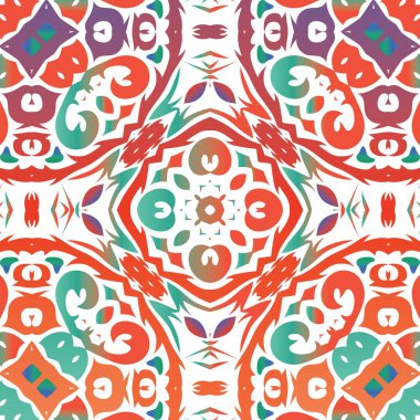 Meksika süslemeli talavera seramiği. Vektör desensiz kolaj. Renkli tasarım. Duvar kağıdı, web arkaplanı, havlular, baskı, yüzey dokusu, yastıklar için kırmızı vintage arkaplan.