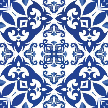 Portekiz azulejo 'sunda etnik seramik fayans. Renkli tasarım. Vektörsüz suluboya desenli. Yüzey dokusu, havlu, yastık, duvar kağıdı, baskı, web arkaplanı için mavi vintage süs.
