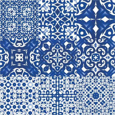 Geleneksel Portekizli azulejolar. Orijinal tasarım Vektörsüz desenlerin toplanması. Ağ arkaplanı, baskı, yastıklar, yüzey dokusu, duvar kağıdı, havlular için mavi soyut arkaplan.