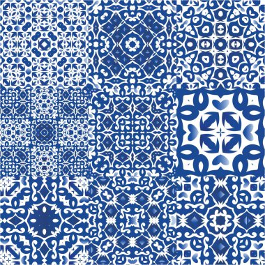 Antika Portekiz azulejo seramiği. Vektör aralıksız desenler. Yaratıcı tasarım. Koleksiyon defteri, akıllı telefon kılıfları, tişörtler, çantalar ve çarşaflar için mavi ve soyut bir dekor.