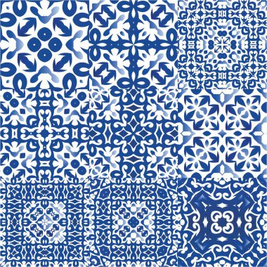 Portekizce süslemeli azulejo seramik. Şık tasarım. Bir dizi vektörsüz şablon. Duvar kağıdı, web arkaplanı, havlular, baskı, yüzey dokusu, yastıklar için mavi vintage arkaplan.