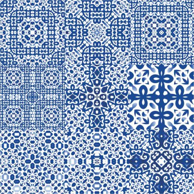 Geleneksel Portekizli azulejolar. Vektörsüz desenlerin toplanması. Grafik tasarımı. Ağ arkaplanı, baskı, yastıklar, yüzey dokusu, duvar kağıdı, havlular için mavi soyut arkaplan.