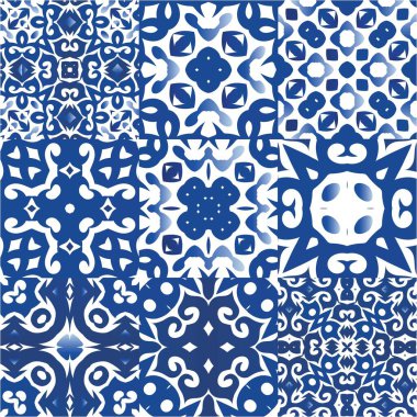 Portekiz azulejo 'sunda etnik seramik fayanslar. Vektör aralıksız desenler. Grafik tasarımı. Yüzey dokusu, havlu, yastık, duvar kağıdı, baskı, web arkaplanı için mavi klasik süsler.